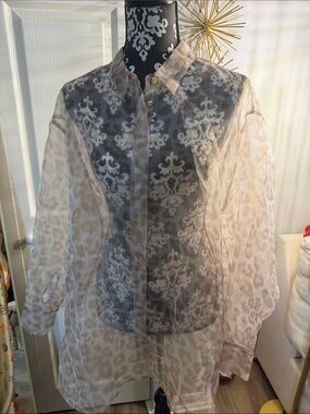 DR2 Sheer Beige Button-Down Blouse with Subtle Animal Print